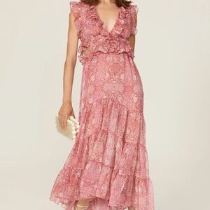 Misa Los Angeles Pink Ruffled Tiered Maxi Dress with Cutouts Natasha